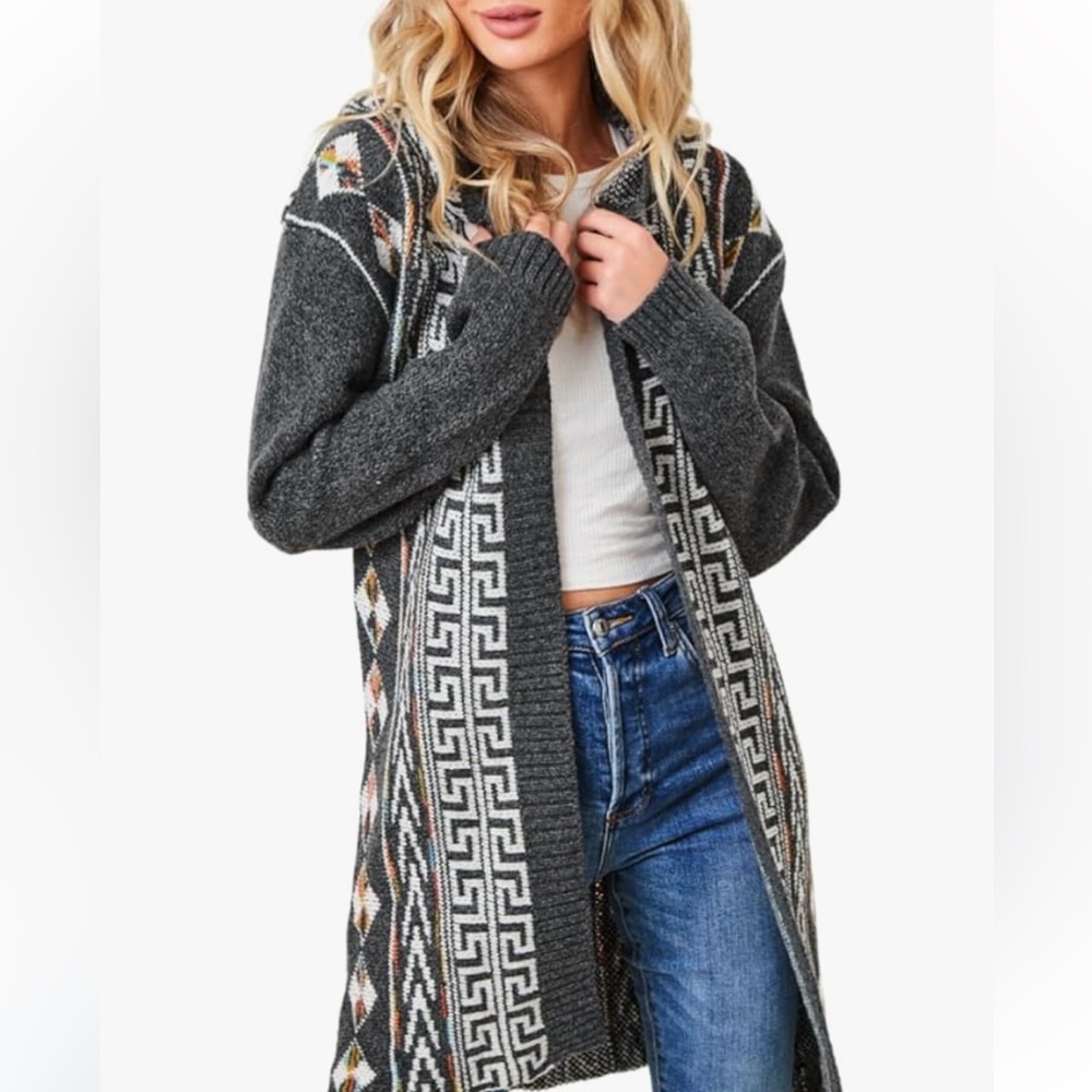 On Blue Geometric Patterned Aztec Print Hooded Cardigan